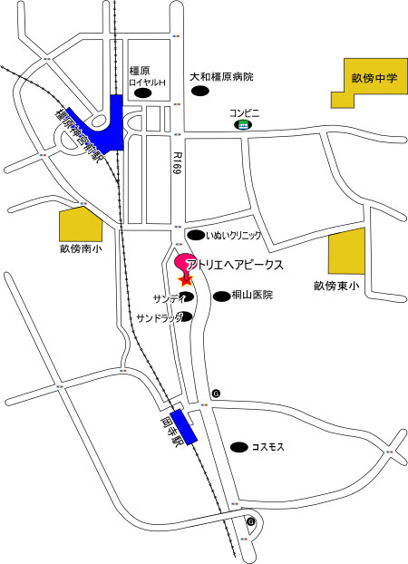 アトリエヘアピークス（美容室）奈良県橿原市－所在地マップ